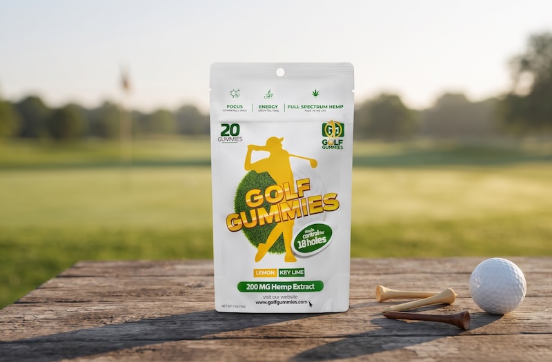 Golf Gummies pouch on a wooden tee box with golf tees and a ball, fairway in the background — the original golf focus and energy gummy since 2020