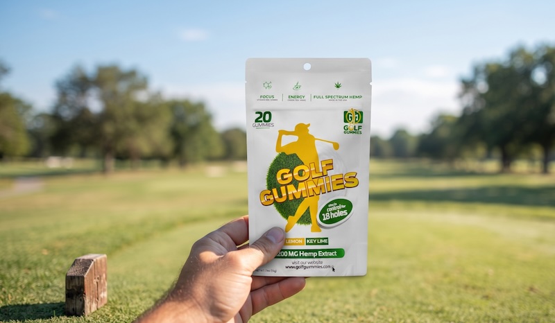 Golfer holding a Golf Gummies pouch on the course, considering whether CBD can help focus and calm during a round