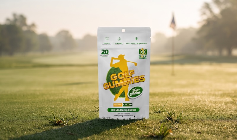 Golf Gummies pouch on a golf course with a golf ball and tees, representing CBD, B12, and green tea extract golf performance supplements