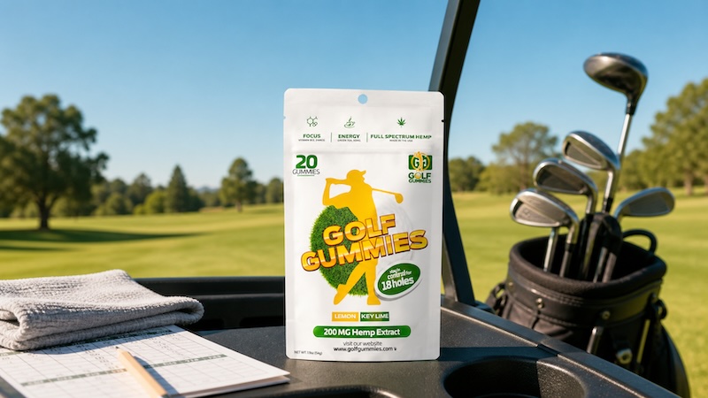 Golf Gummies pouch resting on a golf cart dashboard with a scorecard and towel, fairway stretching ahead on a long 36-hole golf day