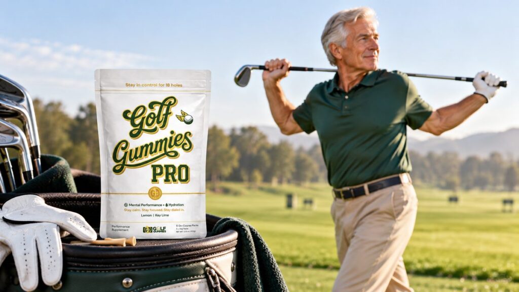 Senior golfer doing golf stretches for seniors on the driving range, with a Golf Gummies Pro pouch on a golf bag nearby