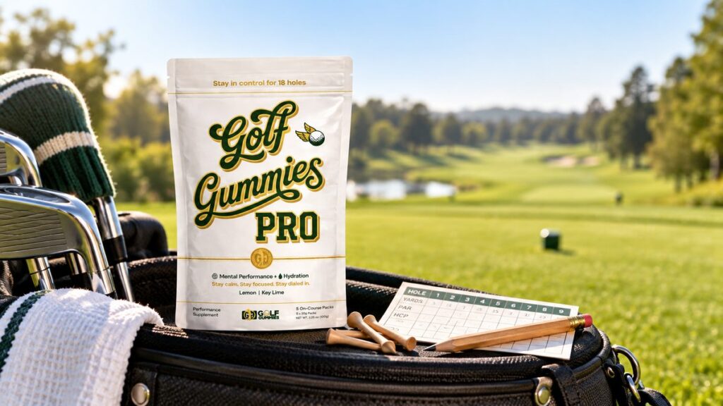 Golf Gummies Pro pouch on a golf bag at the first tee with a scorecard and tees, showing when to take a golf performance supplement